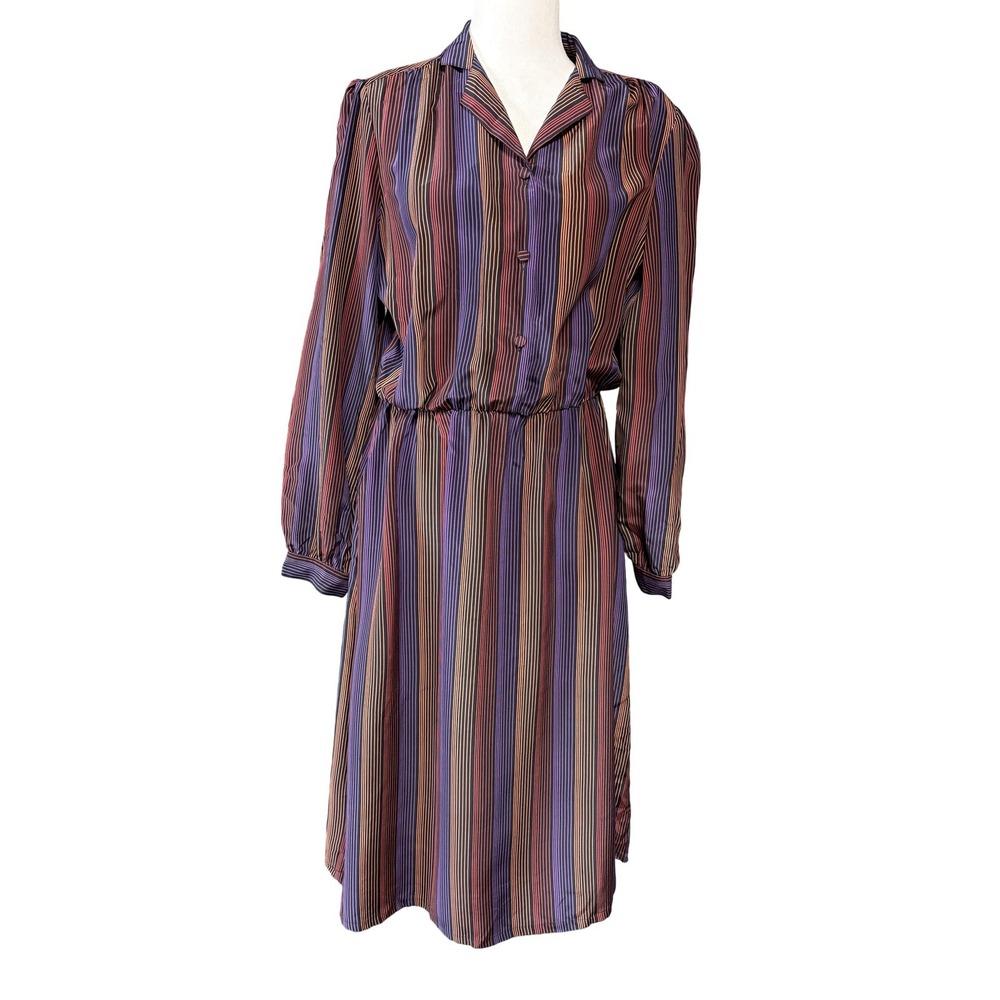 Royal Silk Shirt Dress Womens 14‎ Multicolor Striped Silk Midi Collared Pockets